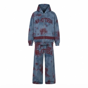 Men Blue <b>Burgundy</b> <b>Tie</b> Dye Zip Up Hoodie Wide Leg Pants Set Stud Detail Streetwear Tracksuit Custom OEM ODM - Product Image 3
