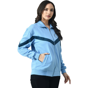 Chaqueta Deportiva Azul Claro para Mujer, Manga Larga, Cuello Alto, Cierre de Cremallera, Bloques de Color en Contraste, Tejido de Poliéster, Ropa de Otoño - Product Image 3
