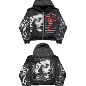 Manufacturer Custom Unisex Rhinestone 100% Cotton Fleece Heavyweight 350g Winter Embroidered <b>Hoodie</b> <b>Zip</b> <b>Pocket</b> Acid Wash High - Product Image 6