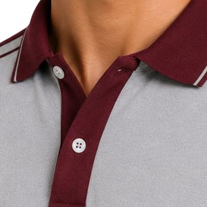 Polo homme gris clair premium avec col contrastant bordeaux, empiècements aux épaules et sur les manches, broderie de logo personnalisée, manches courtes - Product Image 6
