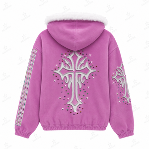 SALSTAR Sweat à capuche en polaire violet pour femme avec perles croisées et paillettes, veste décontractée d'hiver - Product Image 4