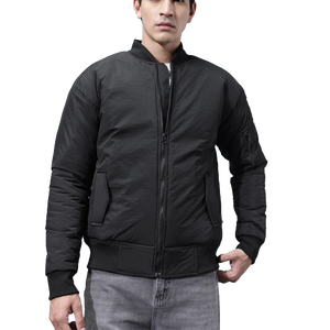 Men'<b>s</b> Black Bomber <b>Jacket</b> Polyester Windproof Zipper Closure Stand Collar Casual Winter Wear Thick Padded Design - Product Image 1