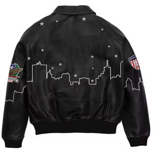 Blouson Bomber en Cuir PU Noir pour Homme avec Broderie et Motifs Appliqués sur le Devant, Col Rabattu, Fermeture Éclair, Automne - Product Image 3