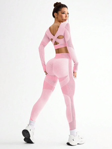 Women Piece Yoga Set Pink Solid Crew Neck Long Sleeve <b>Crop</b> <b>Top</b> High Waist Full Length Leggings Ribbed Seamless Spandex Polyester - Product Image 3
