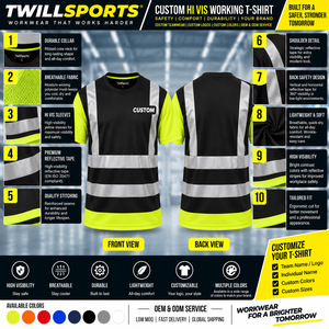 Men's <b>Hi</b> Visibility Reflective Work <b>T</b>-<b>Shirt</b> Black Yellow Short Sleeve Safety <b>Shirt</b> Polyester Construction Uniform - Product Image 6