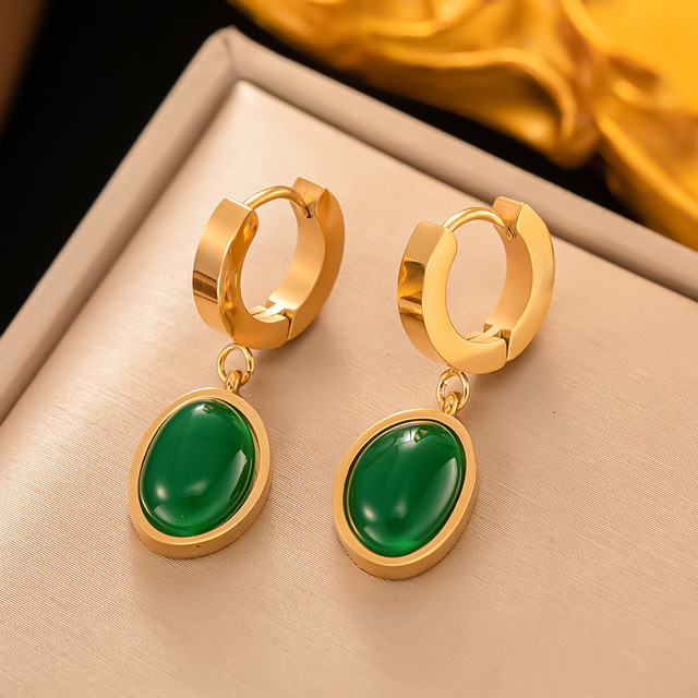 Luxury 18K Gold Plated Stainless Steel Green Gemstone Dangle Stud Earrings for Women Fashion Gift