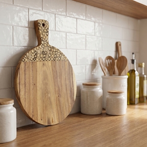 Food Grade Suar Wood Cutting <b>Board</b> With Elegant <b>White</b> Bamboo Inlay <b>Large</b> Round Light Brown For The Kitchen And Everyday Home Use - Product Image 2