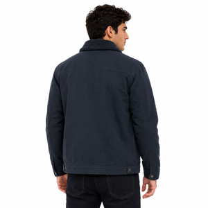 Men Navy Blue Sherpa <b>Lined</b> <b>Jacket</b> Warm Winter <b>Jacket</b> Full Snap Button Front Casual <b>Jacket</b> with Soft <b>Fleece</b> Lining Sherpa Collar - Product Image 3