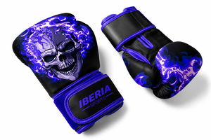 Guantes de Boxeo IBERIA Premium Negros con Estampado de Calavera y Llamas Púrpuras, Guantes de Entrenamiento de Cuero PU, Logotipo Personalizado OEM, Venta al Por Mayor, Transpirables - Product Image 4