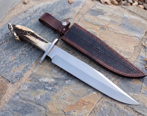 Cuchillo Bowie con mango de asta de ciervo, hoja de acero inoxidable con diseño de punta de clip, herramienta de caza para exteriores, garantía OEM de 3 años, caja de madera incluida - Product Image 4