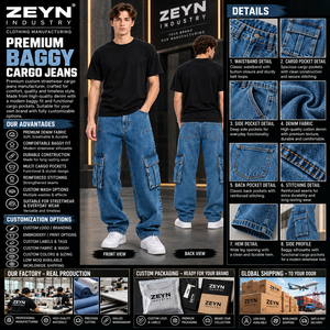 Jean cargo en denim délavé pour homme, coupe ample et décontractée, style vintage streetwear, pantalon multi-poches, fabricant OEM sous marque privée - Product Image 2