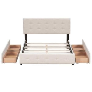 Letto matrimoniale imbottito beige con testiera classica in lino e 4 cassetti in MDF, stile morbido, non richiede rete a molle - Product Image 4