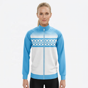 Veste longue unisexe bleue et blanche à blocs de couleur, col montant, fermeture éclair, style sportif, en polaire tricotée, écologique, pour l'hiver - Product Image 4