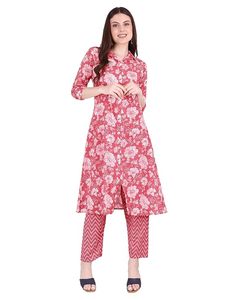 SAZU Floral Cotton <b>Kurta</b> Set with Chevron Print Pants Stylish Shirt-Collar Long Kurti for <b>Women</b> Floral Printed Ethnic Suit - Product Image 5