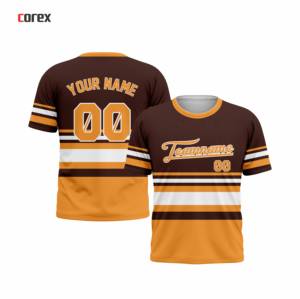 Camiseta Corex de Manga Corta a Rayas Marrón y Naranja con Estampado del Nombre del Equipo, Cuello Redondo, Corte Regular, Estilo Deportivo - Product Image 3