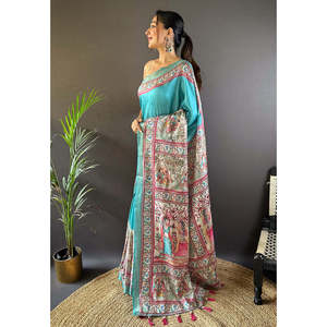 Sari de Seda Tussar Azul Turquesa con Estampado Madhubani y Borde Tejido con Zari, Accesorio de Moda Femenina, Tejidos de Primera Calidad - Product Image 3