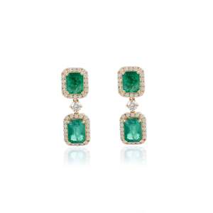 <b>Fine</b> Dangle <b>Earrings</b> 3.77 Ct Real Emerald and Halo Diamond 18K Gold - Product Image 3