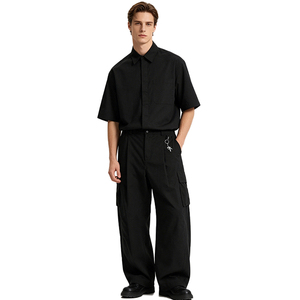 Breathable Side Seam Plaid Wide Trousers Men Casual Street Uniform High Density Woven Cotton Pleat <b>Pants</b> - Product Image 1