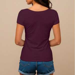 T-shirt à manches courtes et col en V pour femme, couleur bordeaux, coupe régulière, tricoté, haut d'été - Product Image 2