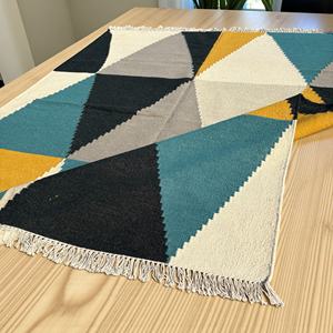 Bold Bauhaus-Inspired Abstract Geometric Wool Flatweave Rug Striking Teal Mustard <b>Slate</b> Triangles Non-Slip Eco-Friendly for - Product Image 3