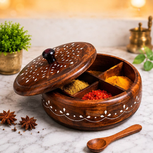 Boîte à épices en bois artisanale, boîte à masala ronde décorative avec incrustation florale, organisateur de rangement multifonctionnel pour la cuisine, pour les épices - Product Image 1