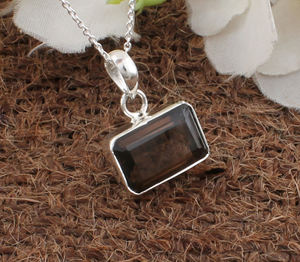 Vintage Natural Smoky Quartz Rectangle <b>Pendant</b> with Bezel Setting Platinum Plated 925 Sterling <b>Silver</b> Necklace <b>for</b> Women & <b>Men</b> - Product Image 4