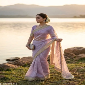 Excellent Quality Fancy <b>Satin</b> Padding with Zari Viscose Buttis & Phur Lace Border Saree-Matching work <b>Blouse</b> Set Indian Exporter - Product Image 1