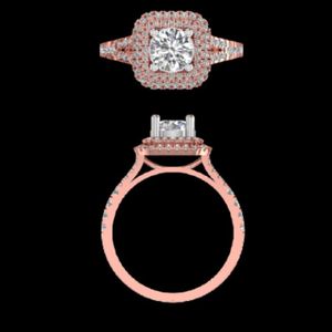 Elegante anillo de compromiso con halo cuadrado de diamantes de talla brillante redonda en oro rosa de 18 quilates con tija y engaste de cabeza en oro blanco. - Product Image 3