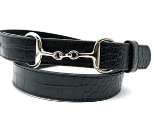 Black Crocodile Embossed PU Leather <b>Belt</b> with <b>Silver</b> Horsebit <b>Buckle</b> - Product Image 4