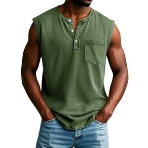 Camisetas sin mangas retro con cuello en V y botones para hombre, personalizadas OEM, con efecto desgastado, sin mangas, para gimnasio y entrenamiento, con bolsillos en el pecho - Product Image 4