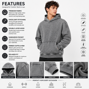 Sweat à capuche oversize en molleton délavé gris uni pour homme, coupe décontractée, en coton tricoté, idéal pour l'automne - Product Image 6