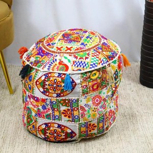 Indian Embroidered Patchwork Cotton <b>Pouf</b> Cover Handmade Round Ottoman Cover - Product Image 2