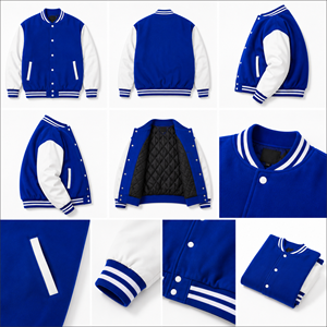 Blue White Contrast Knitted Varsity <b>Jacket</b> Full Sleeve Button Collar Regular Fit <b>Spring</b> Wear <b>Women</b> Award Varsity - Product Image 5