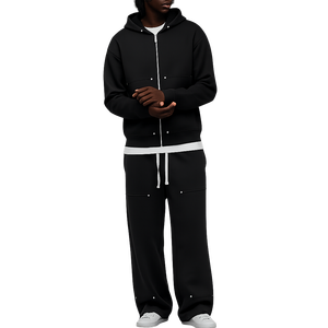 Ensemble de survêtement en molleton épais coupe ample et oversize à épaules tombantes, comprenant un sweat à capuche zippé et un pantalon de survêtement en molleton bouclette, noir - Product Image 1