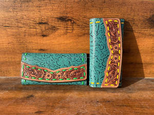 Nouveau design usiné à la main sculpture portefeuille en cuir pochette coque de téléphone carte élégant couleur Turquoise portefeuille multi-usages cuir occidental - Product Image 3