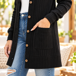 Women's Black Knitted <b>Cardigan</b> <b>Long</b> Sleeve V-Neck Button Closure Casual Solid Color <b>Long</b> Length Regular Fit All Seasons Wear - Product Image 4
