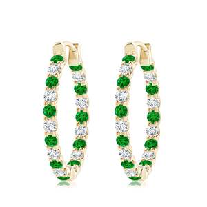 Boucles d'oreilles créoles inversées en or jaune 14 carats avec émeraude et diamant, taille ronde, bijoux fins, fabricant ODM, cadeau pour femme - Product Image 1