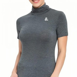 Women's <b>Turtleneck</b> Short Sleeve Jersey Solid Color Casual <b>Top</b> Regular Fit Breathable Organic Cotton Summer Logo Green Customized - Product Image 3