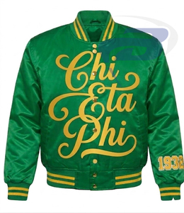 Chaqueta Bomber de Satén de Invierno de la Hermandad Chi Eta Phi con Letras Griegas Amarillas en Relieve, Chaqueta Bomber de Satén CEPhi Resistente al Viento - Product Image 1