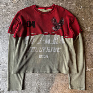 Men Distressed Vintage Washed Thick Cotton Long Sleeve <b>Tshirts</b> Custom Printed Men's Color Block Double Layer Waffle t Shirt - Product Image 1