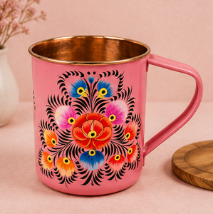 Taza de cobre de lujo pintada a mano con motivos florales, exterior azul turquesa claro, adornada con un vibrante diseño floral tradicional pintado a mano. - Product Image 6