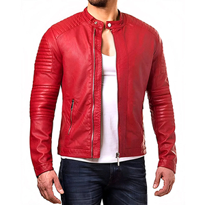 Veste de moto en cuir d'agneau véritable rouge pour homme de qualité supérieure, col montant, fermeture éclair, style motard, coupe-vent - Product Image 5