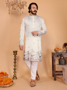 Ensemble Kurta Pyjama en Lin et Coton Durable avec Broderie et Sequins, Tenue Ethnique pour Hommes, Idéal pour Mariages, Festivals et Soirées - Product Image 1