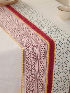 Double Layer Premium Slub <b>Canvas</b> Block <b>Printed</b> Table RunnerFloral Table Runner Tassel Woven Damask Style Maroon Dining - Product Image 1