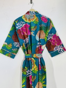 Bata Kimono de Algodón con Estampado Floral Multicolor |   Albornoz largo tipo lounge |   Ropa Casual para Mujer - Product Image 2