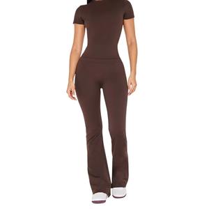 Pantalones de yoga acanalados de pierna ancha para mujer, de talle alto, sin costuras, acampanados, lisos, transpirables, ecológicos, personalizados, directo de fábrica - Product Image 2