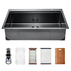Lavello da cucina da incasso da 33 pollici in acciaio inossidabile 304 con piano di lavoro, vasca singola a bordo rialzato per ville e laboratori - Product Image 1