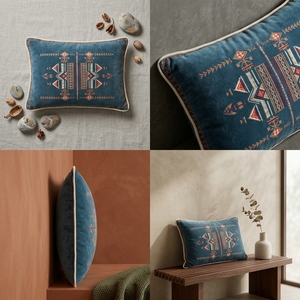 Cojín Decorativo con Estampado Geométrico en Terracota y Crema para Sillón y Sofá de Sala de Estar, Diseño BLOCK PRINT-BLUE 44x44 cm - Product Image 5