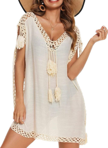 Vestido corto tipo pareo con cuello en V y borlas de ganchillo estilo bohemio para mujer. La silueta holgada garantiza comodidad y flujo de aire. - Product Image 2