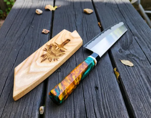 Cuchillo de chef japonés forjado a mano con mango de resina y funda de madera, hoja de acero al carbono de 12 pulgadas con acabado satinado, uso ambidiestro. - Product Image 6